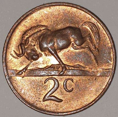 1970 - 2 CENT COIN (TWO CENT COIN) - RSA - BRONZE - KM#83 - BILINGUAL LEGEND - WILDEBEEST